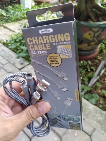[se35]Cáp sạc nhanh 3 đầu Iphone Type C Micro Usb  Remax 3 In 1 Rc-124th Dây Bọc Dù, cáp sạt nhanh điện thoại 3 đầu cho các đời điện thoại