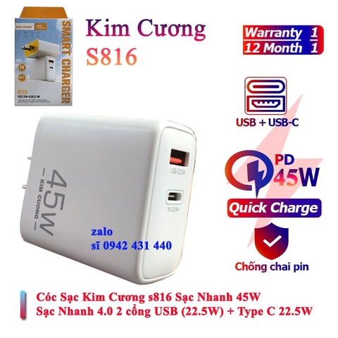 [SE67] Cóc sạc Chính hãng Kim Cương 45W S816 USB 22.5W + PD 22.5W