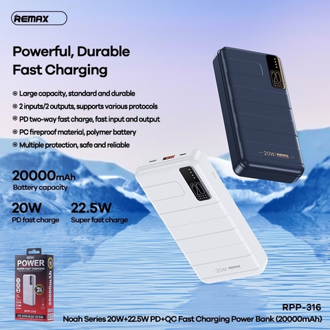 [SE234]Pin dự phòng sạc nhanh Remax RPP-316 20000mAh QC3.0 PD max 22.5W 1 cổng USB và 1 cổng Type C