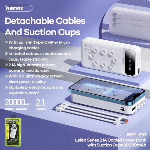 [SE220]Pin dự phòng Remax RPP-297 20000mAh kèm cáp 3 đầu - tích hợp cao su hít giữ (trắng)