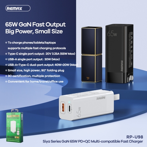 [SE310]CỐC SẠC NHANH REMAX RP-U98 USB+TYPE C QC3.0+PD 65W