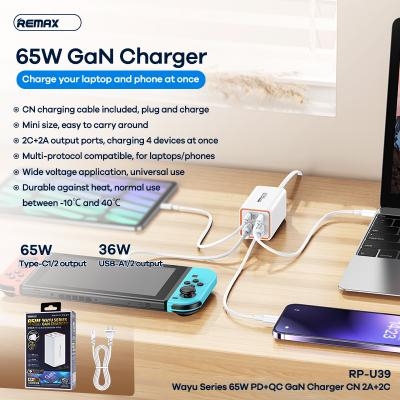 [SE450]Cốc sạc 4 cổng siêu nhanh Remax RP-U39 Gan Charger hỗ trợ PD 65W và QC 36W - sạc cho cả laptop (trắng)