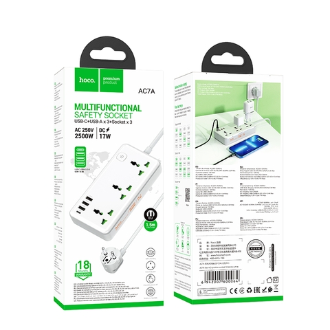 [SE155] Ổ cắm điện hoco AC7A 3 socket+ 3USB output + PD1C 3.4A (EU) dây dài 1M5