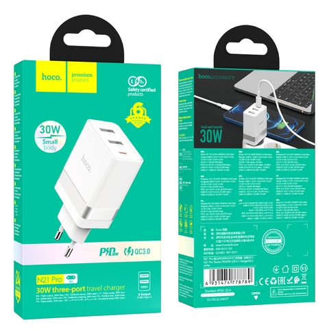 [SE151]Cốc sạc nhanh Hoco N21 Pro QC3.0+PD (2 USB+1 Type C) 30W