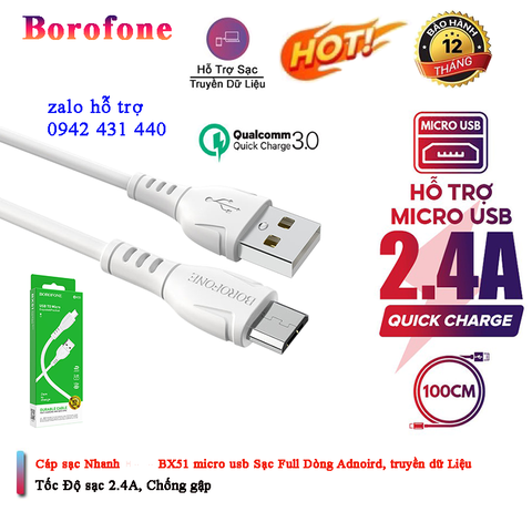 [SE8.5] Cáp Sạc Nhanh borofone bx51 Micro USB 1m  - BH 12 Tháng