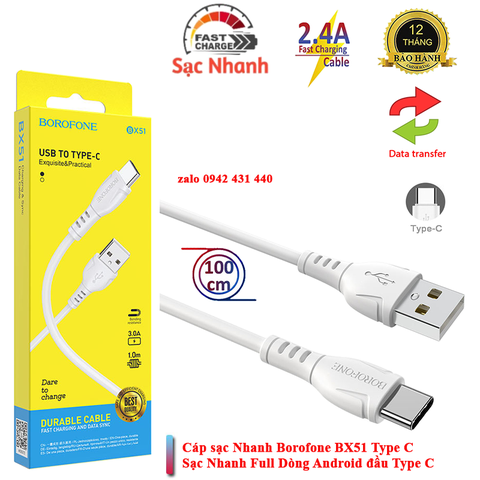[SE10]Cáp sạc Borofone bx51 type c chính hãng bảo hành 12 tháng