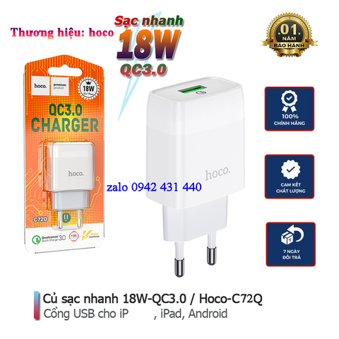 [SE45] Củ, bộ Sạc Nhanh Hoco C72Q  sạc nhanh 18w