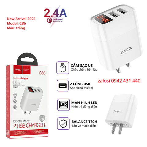 [SE55]Củ sạc Hoco C86 2 cổng USB với đèn LED hiển thị điện áp , công nghệ MỸ cắm được 5V-2.4A max 12W