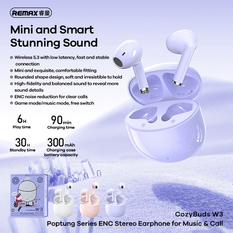 [SE230]Tai nghe Bluetooth TWS Remax Cozybuds W3 V5.3, Pin 6H, Chống ồn ENC, Tăng giảm Volume