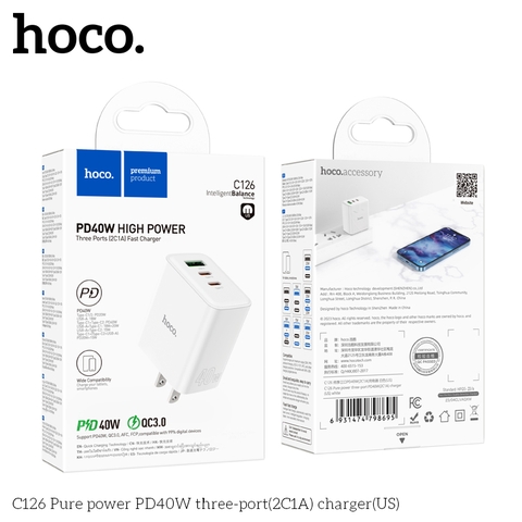 [SE99] Củ sạc nhanh Hoco C126 PD40W/QC3.0 2 cổng Type-C và 1 cổng USB, chất liệu PC + ABS chống cháy , chân dẹt