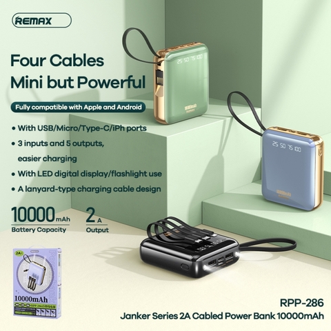 [SE192]Pin dự phòng Remax RPP-286 Janker Series 10000mAh tích hợp đèn pin - hỗ trợ 4 dây sạc USB/ microUSB/ typeC/ LN