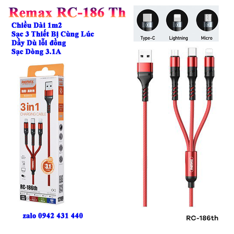 [SE29]Cáp Sạc Remax 3 Đầu RC-186TH LIGHNING - MICRO USB - TYPE C Dây Dù