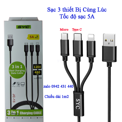 [SE25] Cáp Sạc SYC JC 13 Đầu IPhone - Micro Usb - Type C Dây Dù Chống Đứt Dài 1M2 - BH 6 Tháng 1 đổi 1