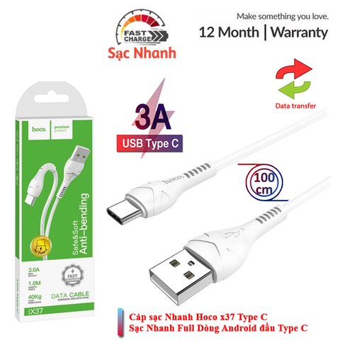 [SE15]Cáp sạc hoco type c x37 bảo hành 12 tháng