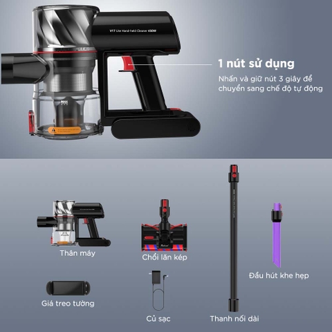 Máy hút bụi không dây cầm tay Redroad V17 Lite – Lực hút 26,500 Pa – Chổi lăn dạng kép – Lõi lọc HEPA kép