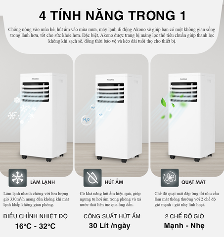 Điều hòa di động Akono 9000 BTU, kiêm máy hút ẩm