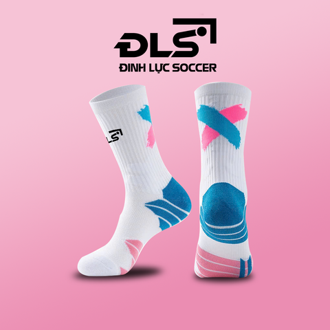Tất Thể Thao Chuyên Nghiệp ĐLS Cổ Cao Logo Thêu Sắc Nét - Trắng Vạch Xanh Hồng