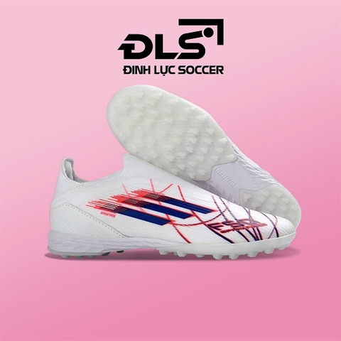 Giày Bóng Đá Adidas F50 Laceless Trắng Vạch Đỏ Xanh Không Dây TF