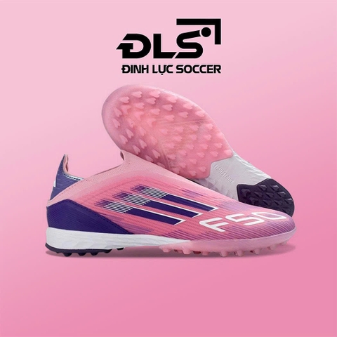 Giày Bóng Đá Adidas F50 Laceless Hồng Đào Vạch Tím Không Dây TF