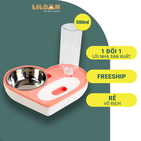 Bát Ăn Chén Ăn - Khay Ăn Hình Trái Tim Có Bình Nước Tự Động Cho Chó Mèo