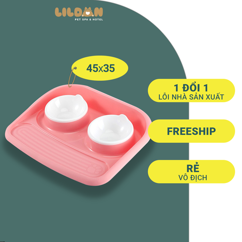 Bát Ăn Chén Ăn - Khay Ăn Đôi Cho Chó Mèo Chống Lật Đổ Kèm 2 Bát Nhựa