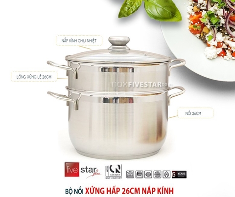 Bộ Nồi Xửng Hấp Inox Fivestar 26cm NẮP KÍNH