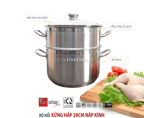 Bộ Nồi Xửng Hấp Inox Fivestar 28cm NẮP KÍNH