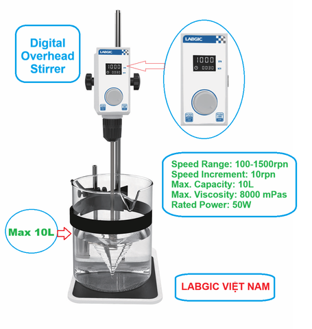 Máy khuấy đũa kỹ thuật số, dung tích 10 lít, 100-1500rpm, Digital Stirrer, LABGIC