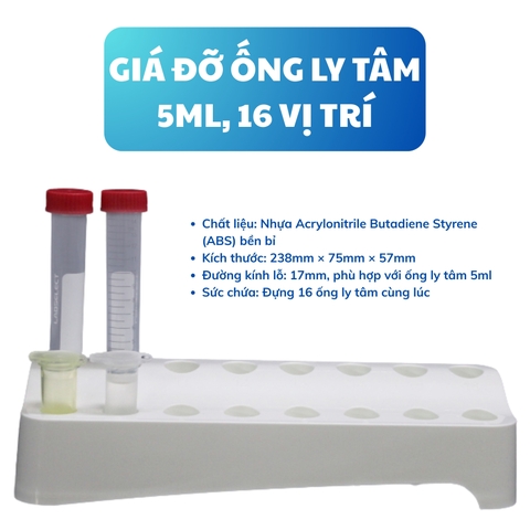 Giá đỡ ống ly tâm 5ml, 16 vị trí, đường kính lỗ 17mm (Centrifuge Tube Rack), hãng Biosharp