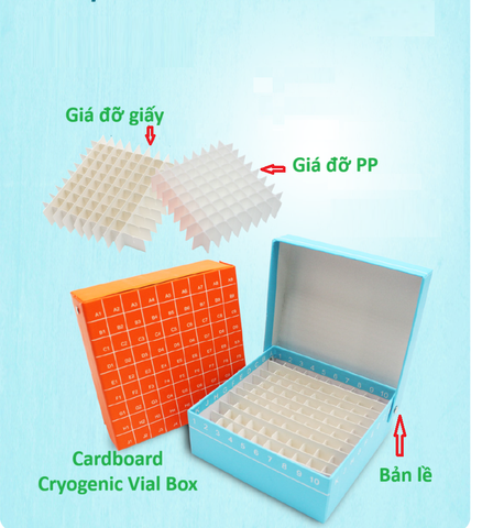 Hộp đựng 81-100 vị trí Cryotube 0.5-2.0ml, chất liệu Cardboard, nắp có bản lề, Biosharp