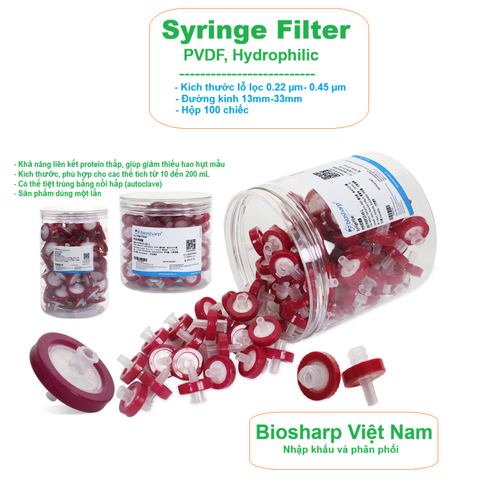 PVDF, Hydrophilic-Màng lọc PVDF ưa nước 13-33mm, lỗ 0.22µm/ 0.45µm (Syringe Filter), Biosharp