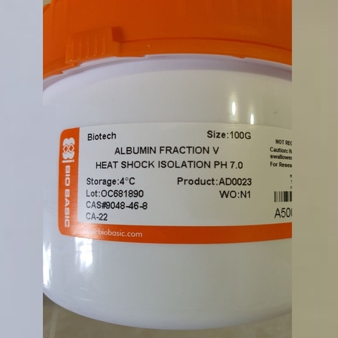Albumin ≥98.0%, lọ 25g/100g (Bovine, fraction V, pH 7.0), Cat.#: AD0023, BioBasic-Canada