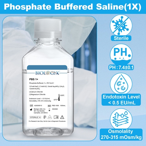 Đệm PBS buffer (1X), pH7.4, Sterile, Low Endotoxin, 100ml/500mL/1L/ Bottle, hãng Biologix