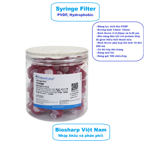 PVDF, Hydrophobic-Màng lọc PVDF kỵ nước 13-33mm, lỗ 0.22µm/ 0.45µm (Syringe Filter), Biosharp