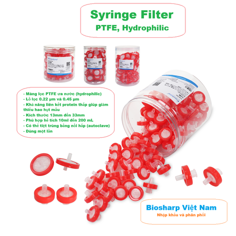 PTFE, Hydrophilic-Màng lọc PTFE ưa nước 13mm-33mm, lỗ 0.22µm/ 0.45µm, Biosharp