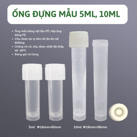 Ống đựng mẫu 5mL/10mL, nắp vặn, tự đứng, 100 cái/ gói-tiệt trùng, hãng Biosharp