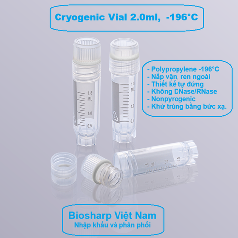 50 chiếc Lọ 2ml trữ lạnh -196°C, ren trong/ngoài, vô trùng, nắp vặn mầu trắng, Biosharp