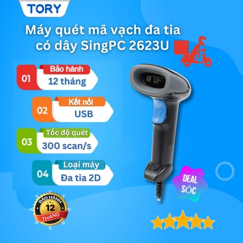 Máy quét đa tia 2D, quét mã vạch, mã QR có dây SINGPC 2623U TẶNG CHÂN ĐẾ. Hàng chính hãng, bảo hành 12 tháng