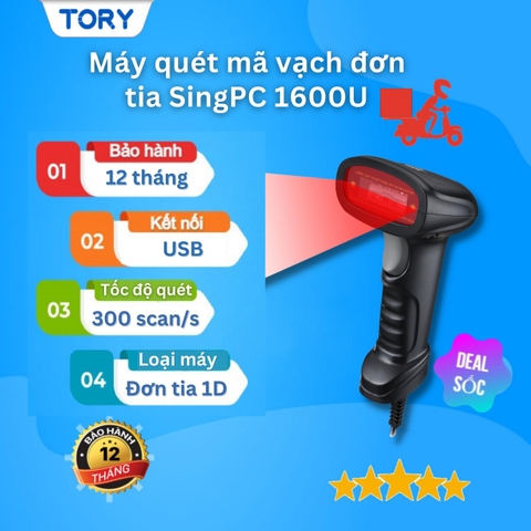 Máy quét đơn tia, quét mã vạch có dây SINGPC 1600U TẶNG CHÂN ĐẾ. Hàng chính hãng, bảo hành 12 tháng