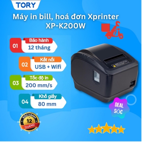 Máy in nhiệt, in bill hàng chính hãng Xprinter XP-K200W khổ 80mm, in điện thoại (kết nối USB + Wifi)