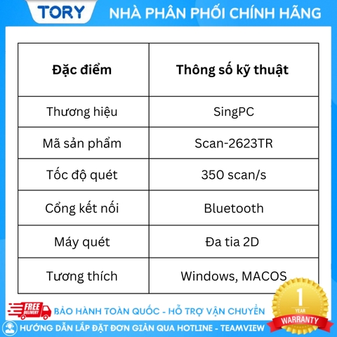 Máy quét đa tia 2D quét mã vạch, mã QR KHÔNG DÂY Bluetooth SINGPC 2623TR TẶNG CHÂN ĐẾ. Hàng chính hãng, bảo hành 12 tháng