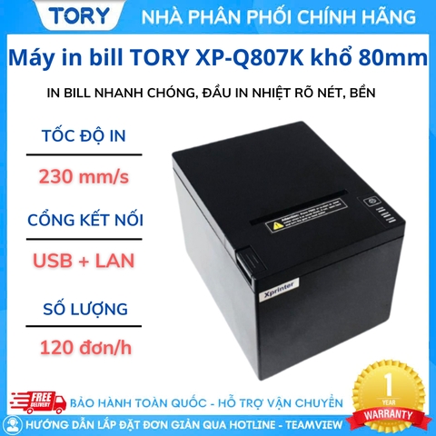 Máy in nhiệt, in bill hàng chính hãng Xprinter XP-Q807K khổ 80mm, in điện thoại (kết nối USB + LAN)
