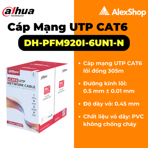 DH-PFM920I-6UN1-N | 305M Cáp Mạng UTP CAT6 Lõi Đồng Nguyên Chất, Đường kính lõi: 0.53 mm, 0.02 mm