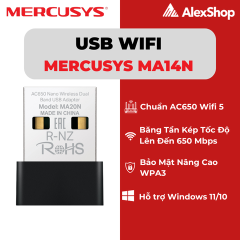 [AC650] Mercusys MA20N | USB Wi-Fi Băng Tần Kép Nano Băng Tầng 650M