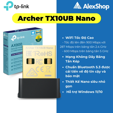 [AX900] Thiết Bị Thu WiFi 6 TP-Link Archer TX10UB Nano, USB Wifi Bluetooth Có Trang Bị Bluetooh 5.3, Wifi Băng Tần Kép AX900