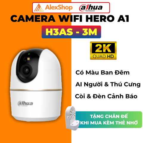 [3M] Camera Wifi Dahua HERO A1 H3AS - 3MP, Đèn Rọi Màu Đêm, Trong Nhà Xoay 360 Độ, Đàm Thoại 2 Chiều