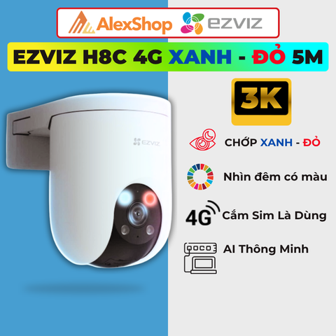 [5M Chớp Xanh Đỏ - Xanh Đỏ] Camera Ezviz H8C 4G Chớp Xanh - Đỏ, Ngoài Trời, Dùng Sim 4G