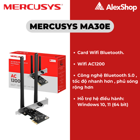 [AC1200] Card Mạng PCIE Wifi Mercusys MA30E Trang Bị Bluetooth 5.0, Wifi Băng Tần Kép AC1200