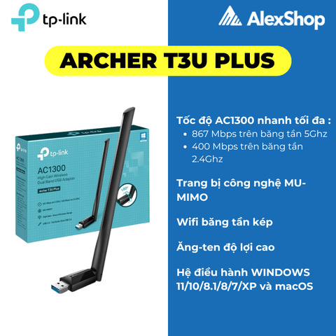 [1300M] Thiết Bị Thu WiFi Archer T3U Plus, USB Wifi Băng Tần Kép AC1300