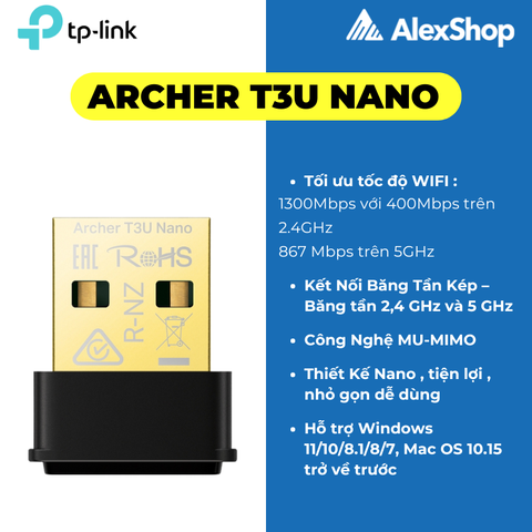 [1300M] Thiết Bị Thu WiFi Archer T3U Nano, USB Wifi Nhỏ Gọn, Băng Tần Kép AC1300